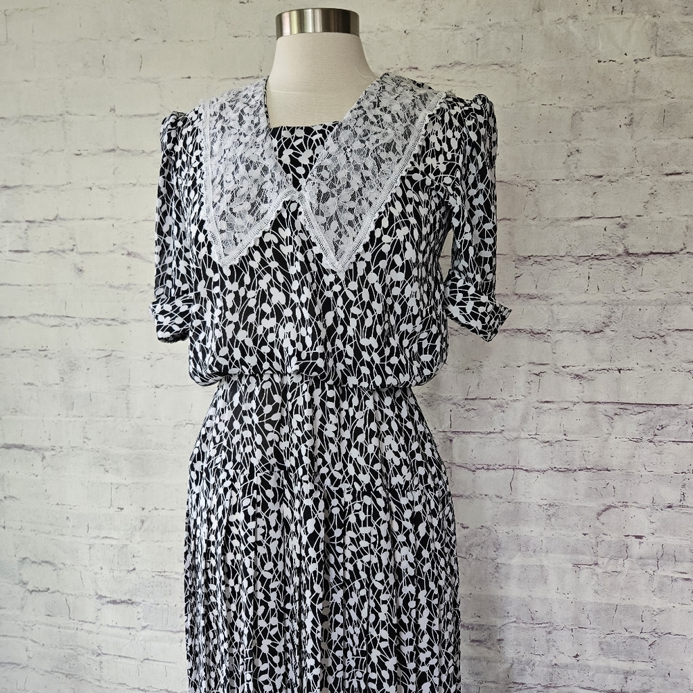 Vintage Items Black White Floral Short Sleeve Lace Collar Secretary Day Dress 4
